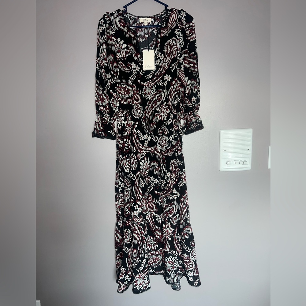 Elan Black Floral Paisley Maxi Dress with White & Burgundy Accents